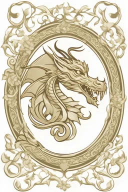 Create an elegant logo design with the side profile of a Welsh-style dragon facing left, with a white gardenia in its claw. Make the dragon a golden colour and have a circular frame.