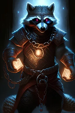 Rpg Character, Runic Warrior, Vampire Racoon with a chainmail, glowing runes in his arms.