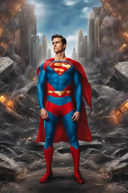 Album cover. Realistic drawing of Mandala pattern. .Advanced Superman with an advanced suit..Realistic detailing. High quality . Movie scene. background . A destroyed city.