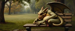master oil painting by Rembrandt, fat old orc dragon gremlin sleeping on a bench in the park