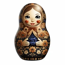 draw matryoshka dolls, the matryoshka is smiling, the kind sweet face of the matryoshka doll, behind the matryoshka Russian patterns in the style of Khokhloma, Khokhloma with gold and black flowers, in the hands of matryoshka blueberries