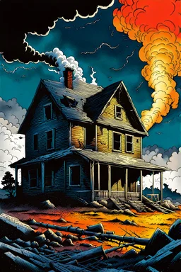 create a surreal horror comic style illustration of a farmhouse disintegrating in a massive, violent tornado , with highly detailed features, in the comic art style of RICHARD CORBEN and FRANK FRAZETTA, searing lines and forceful strokes, precisely drawn, boldly inked, with gritty textures, vibrant colors, dark and dramatic otherworldly lighting