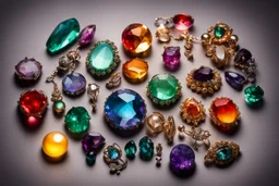 top view of lot of coloured gemstone jewellery in candlelight