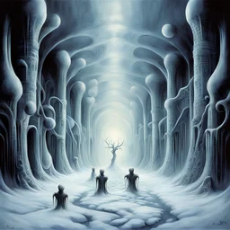 A Gallery of surreal snowman sentinels, Infinity Stretch of sinister snowman lining an alien winter hall, by H.R. Giger, biomechanics, the ice chamber, dark colors, by Stephen Gammell, by Dave Kendall, colorful, horror surrealism, weird winter-scape, primary cold colors, smooth