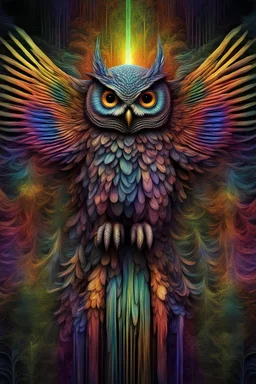 3d rainbow flying owl, mystical, full image, with vivid detailed amazing eyes, brighr fractal colors, hyperdetailed, h.r. giger, egyptian, fantasy, Metaphorical Realism, electric feathered effect Abstract line art, deep cut 3D effect, in an enchanted forest