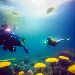 eva and adam underwater with yellow flowers for hair, closed eyes, rtx, reflection, 8k, glow, winning photography, caustics