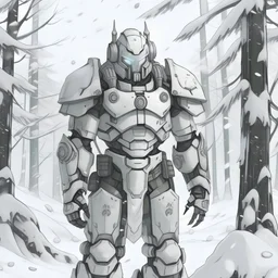 white armor, in the snow, forest in the background, snow, arctic theme, light armor, power armor, facing camera, low perspective, thin armor, tactical, fan art style