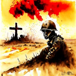 "No Man's Land The countless white crosses stand mute in the sand, To man's blind indifference to his fellow man" moody World War I memorial composition. Watercolor and ink painting, dynamic composition, double exposure solder with antique WW I gas mask with fiery text "1914" on helmet, dramatic red sky, dramatic, dynamic composition