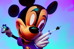 Mickey Mouse getting high with a hallucinating syringe of drugs.