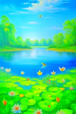 impressionism nature peace communication compassion tranquility water lillies birds blue sky meadow