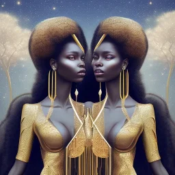 Biologically Female sexy African American Twins, black skin, tall and slender, long afro kinky hair,big brown eyes, long eyelashes warrior wear. Big butts. Gold accents on clothing. Surround by trees. Holding golden spears. Starry night