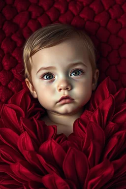 A hyper-realistic, surrealistic portrait of a beautiful child lying on a richly textured, crimson hexagonal-patterned background. Her eyes are wide open, gazing slightly upward with an intense and enigmatic expression, adding tension and ethereal allure. Her lips are slightly parted, skin porcelain-smooth, and her high cheekbones are accentuated by the soft interplay of light and shadow. She is wrapped in deep red, sculptural fabric resembling petals or flames — voluminous, pleated textures env