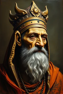 master oil painting by Rembrandt, with spray paint and pen outline, realistic rendering Portrait of the Apkallu sage who were sent by the god Ea to teach civilization to humanity before the flood. They were depicted as half-human and half-fish or bird, and were associated with wisdom, magic, and culture.