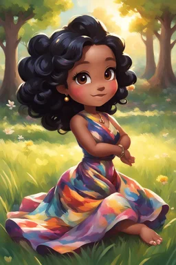 An oil painting image of a chibi black cartoon of a curvaceous woman with flowing black hair twisted up, wearing a colorful maxi dress. She sits relaxed on the grass facing the warm sunlight, which illuminates her face as she looks to the side with a small smile, accentuating her prominent makeup and brown eyes.