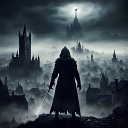 Dark Sinister alien landscape. A medieval city in the distance. some Dark mist. Dark hooded Man. pointing a sword towards the sky and casting a spell