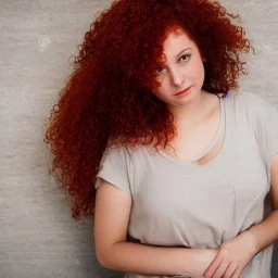 Woman with red curly hair and brown eyes