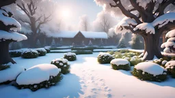 a landscape of a garden covered by snow during winter, cinematic, unreal engine, 4K UHD image, octane render, very intricated details