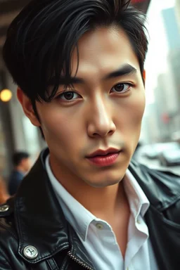 medium close realistic portrait, an handsome 30 years old attraktive korean man with bad boy vibe, medium long dark hair, stunning dark eyes looks suggestively, masculine mouth and chin. sharp focus, high detalied, extrem realistic, black leather coat, or shirt, background in city, perfect photo