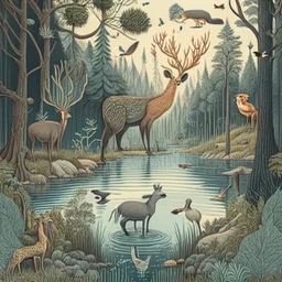 A detailed illustration with forest animals at the egde of a forest drinking from a lake.