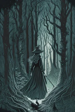 in the style of a Henry Justice Ford drawing, a beautiful witch walks through a dark forest