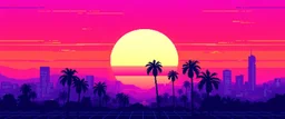 8 bit pixelart of synthwave sun, synthwave color only, palmtrees synthwave, synthwave collored, vaporwave, grid, city skyline,