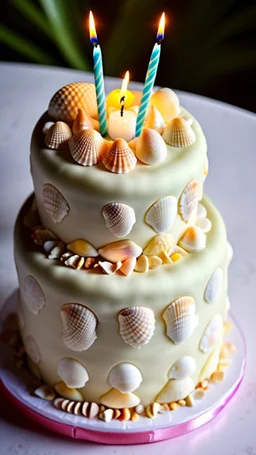 birthday cake shaped like a shell, decorated with shells and candles, in Hawaii beach, hyper realistic, in broad daylight, intricate details