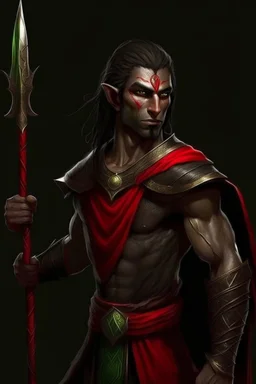 full length, montia, black red with, holding a spear in his hand