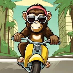 Monkey riding on a scooter making a wheelie with sunglasses on, cartoonize