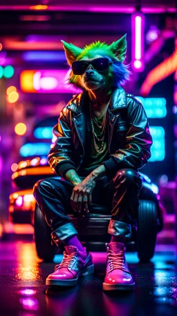 tap dancer, spot lights, spray tan, portrait of slick lord water wolf Gremlin myth buster pimp ninja cyber punk sitting on a hipster car parked in dark neon lit reflective wet arcade hall tunnel,bokeh like f/0.8, tilt-shift lens 8k, high detail, smooth render, down-light, unreal engine, prize winning