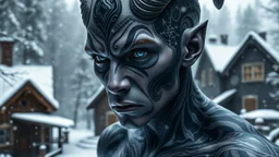 holographic simulation, beautiful xenobiotic alien man demon, scandinavian black tattoo on the body, super detailed face, blue eyes, against the backdrop of old dzherevyanny houses in the winter forest, falling snow in winter, professional photo, 4k, high resolution, high detail, close-up, octane, body art, patterns, lavender color, silver wire, artistic elven fantasy, filigree, dark botany, ultra detail, dark botany, photorealistic image