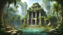 храм змеи в джунглях пальмы скалы лианы двор сад из камней руины водопады фэнтези арт