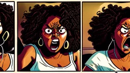 2 panels: one with an angry black lady screams on phone