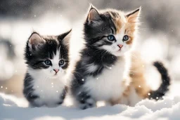 black and white chibi kittens playing in the snow in the sunshine, watercolor and black ink outlines, sparkling golden glitter, ethereal, cinematic postprocessing, bokeh, dof