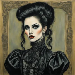 create a 3/4 profile, full body oil pastel of a dark haired, savage, ornately dressed, gothpunk vampire girl with highly detailed , sharply defined hair and facial features , in a smokey 19th century drawing room in the style of JOHN SINGER SARGENT