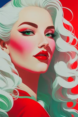 close-up ((((facing ((Santa Claus)) smiling))) - long floating white wavy hair. Vivid red to green, Oil neon painting Expressionit art ((80's horror poster)), Patrick Nagel, synthwave, Photo realistic.