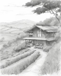 in a tea plantation , a modern cottage in the tea plantation hill side, pen line sketch Inspired by the works of Daniel F. Gerhartz, with a fine art aesthetic and a highly detailed, realistic style