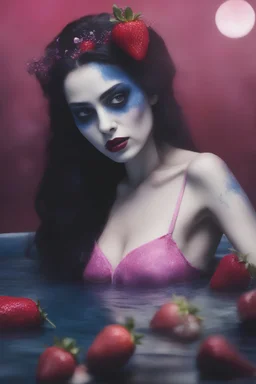 full body portrait - the corpse bride, wearing a pink, bikini in a hot tub - 32k, UHD, 1080p, 8 x 10, glossy professional quality digital photograph - dark blue and dark red, and light maroon and purple and foggy black gradated background with a paint splattered wall, strawberries, stars, planets, galaxies, an assortment of bright, colorful floral arrangements, black roses, blue roses, red roses, yellow roses, pink roses, dandelions, honeysuckle roses, tulips, carnations,