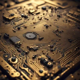 Hyper Realistic Grungy-Golden-Circuit-Board-Background with a proper depth-of-field
