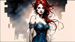 Graphic Novel Full Body Portrait Of Disney Ariel, Gorgeous Red Hair,Cute Nose, Femme Fatale, Blue lace dress At Night, smiling, Cinematic Detailed Mysterious Sharp Focus High Contrast Dramatic Volumetric Lighting :: dark mysterious esoteric atmosphere :: digital matt painting by Jeremy Mann + Carne Griffiths + Leonid Afremov, black canvas, dramatic shading, detailed face