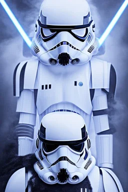 All Black Stormtrooper, wearing high tech mask, white smoke, dark, rage, sorrow, high definition, ultra 8 k, volumetric lighting, blue fire, fog