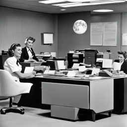 1950s office secretaries working in an office on the moon