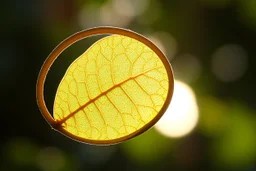 a beautiful single curled translucent tree leaf with pronounced intricat tiny fractal reticular vascular bundles caught in the light of the sun in the background, sun glare effect, perfect macro nature photography