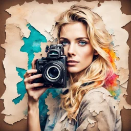 portrait of a blonde woman with a camera, background old torn paper, bright colors, ART drawing