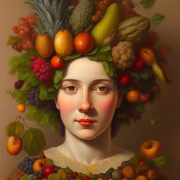the head of a young woman consisting of fruits and vegetables, autumn, still life, oil painting, style Arcimboldo