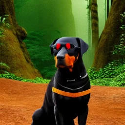 Rottweiller wearing sunglasses octane render high detail amazon rainforest in background