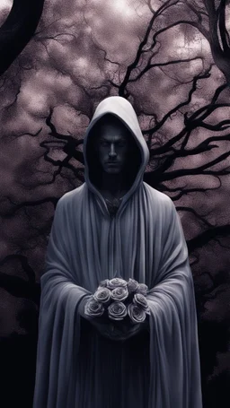 In a mesmerizing and ethereal manner, an otherworldly being emerges in the form of a translucent grey hood statue flowing smoky black robes. He is holding a bouquet of black roses, Forward facing a big tree in the background