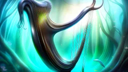 Fantasy digital illustration: = a magical harp with eyes and mouth