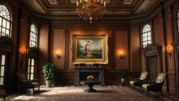 Luxurious Victorian mansion indoors, in the main wall there it a rectangular frame for a painting, cinematic lighting, octane rendering, 8k, ultra high definition, unreal engine, hyperrealism.