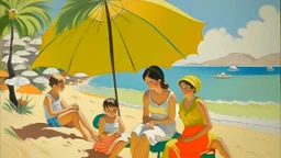 cote d'azur 2 childeren and mother and father on hot beach painting neoclassism 60