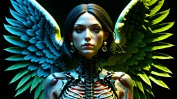 3D render ultra detailed of a beautiful angel, from knee to head, biomechanical cyborg, analog, 35 mm lens, beautiful natural soft rim light, big leaves and stems, roots, fine foliage lace, colorful details, samourai, pearl earring, heavely tattoed, intricate details, mesh wire, mandelbrot fractal, facial muscles, cable wires, microchip, badass, hyper realistic, ultra detailed, octane render, volumetric lighting, 8k post-production, red and white, detailled metalic bones, semi human, by Glenn Br